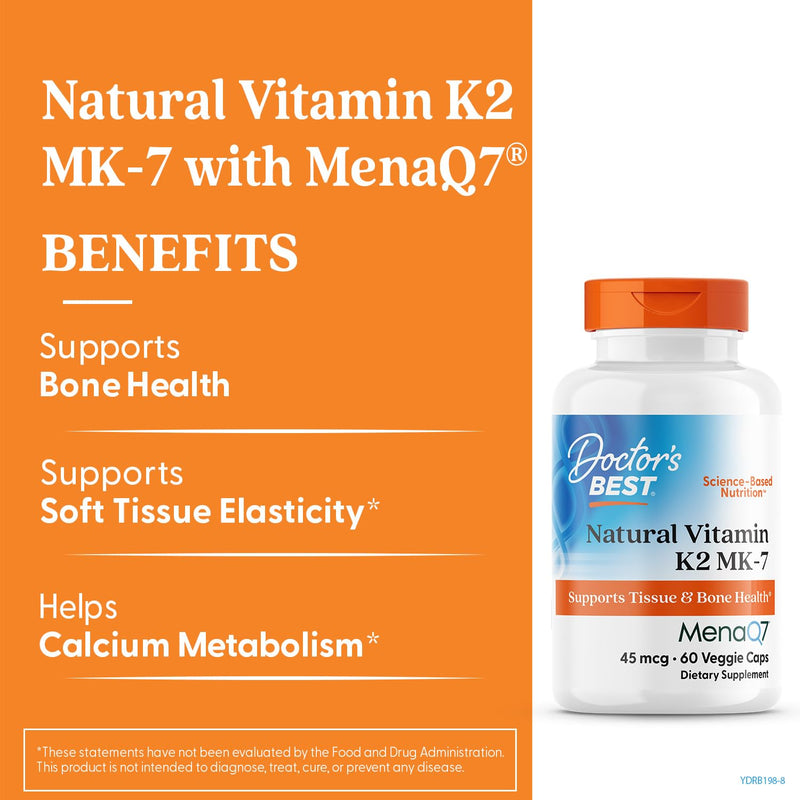 Doctor's Best Natural Vitamin K2 MK7 Supplement for Men & Women - Bone Health Support, 45 mcg Vitamin K-2 MK-7 Capsules with MenaQ7, Calcium Support, Non GMO, Vegan - 60 Veg Caps 60 Count (Pack of 1)