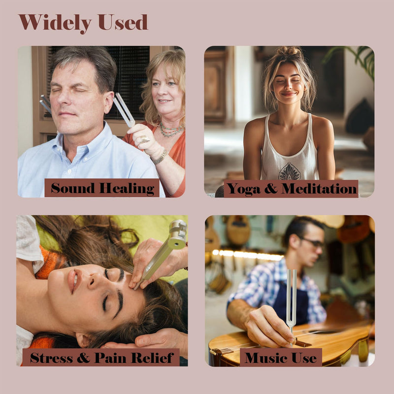 [Australia] - Tuning Forks for Healing Set (128Hz, 136.1Hz, 256Hz, 384Hz) with Activator & Reflex Hammer, Sound Therapy Instruments for Chakra/Yoga/Meditation, Frequency Healing Devices in Vegan Leather Pouch 