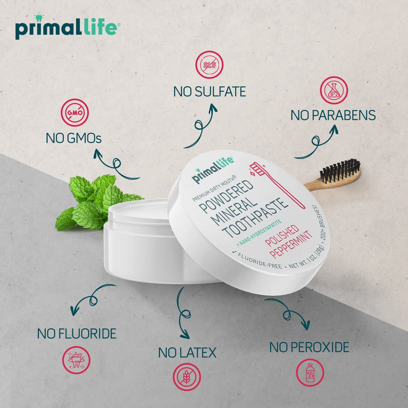 [Australia] - Primal Life Organics - Dirty Mouth Toothpowder, Tooth Cleaning Powder, Flavored Essential Oils with Natural Kaolin & Bentonite Clay, Good for 200+ Brushings, Paleo, Organic, Vegan (Peppermint, 1 oz) Peppermint 1 Ounce (Pack of 1) 