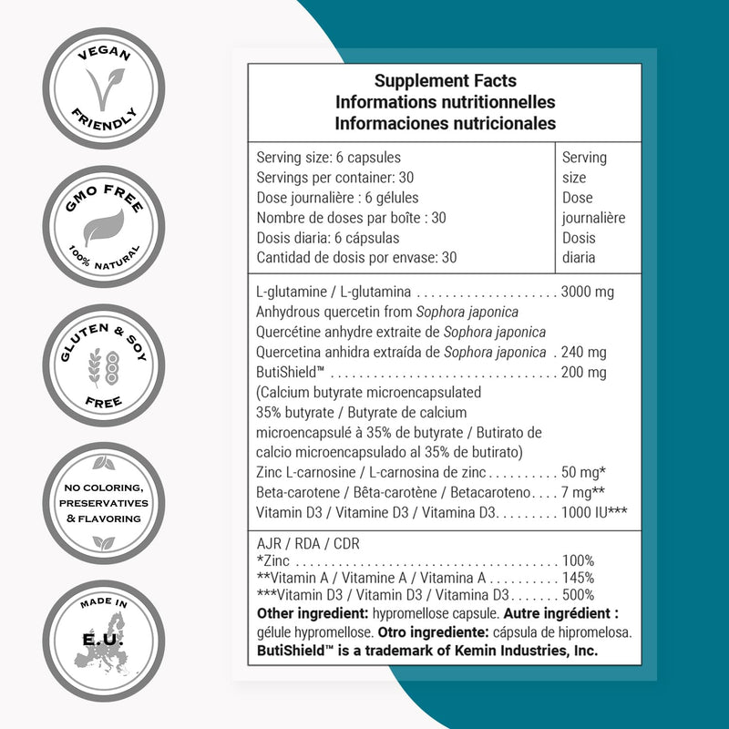 Supersmart PermeaGut Formula (High Potency) - with L-Glutamine, ButiShield Calcium Butyrate, Zinc-L-Carnosine - Gut Barrier Support | Vegan & Gluten Free - 180 Gastro-Resistant Capsules