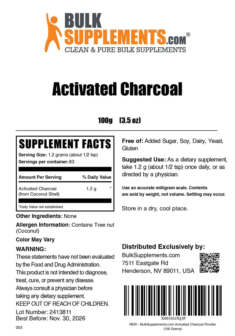[Australia] - BulkSupplements.com Activated Charcoal Powder - from Coconut Charcoal, for Teeth Whitening - Vegan & Gluten Free, 1.2g per Serving, 100g (3.5 oz) (Pack of 1) 3.53 Ounce (Pack of 1) 