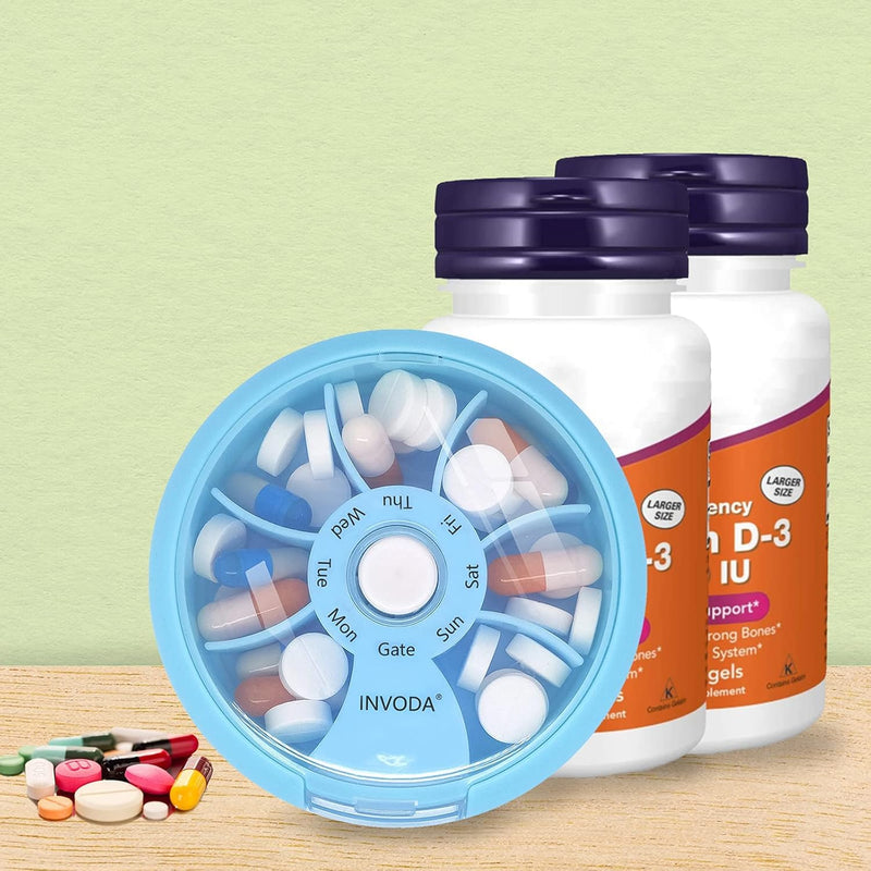 3PCS Weekly Pill Organizer Travel Pill Container Small Portable Pill Case | Cute Round Rotate Pill Dispemser 7 Day Daily Pill Box for Fish Oil Supplements Vitamins, Arthritis Friendly and Portable Blue 3pcs