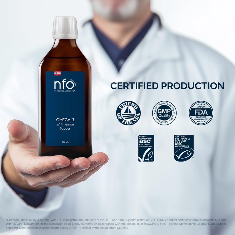 NFO Omega 3 Oil Lemon 250 ml – High Strength Liquid Fish Oil from Norway – Triglyceride Form with EPA DHA – Natural Lemon Taste – with Vitamin E