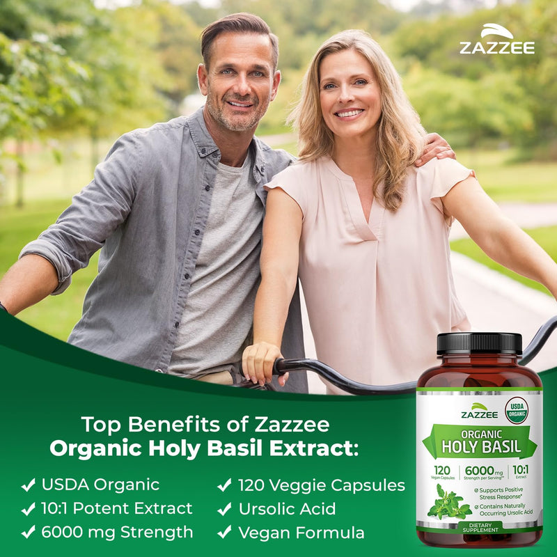 [Australia] - Zazzee USDA Organic Holy Basil 10:1 Extract, 6000 mg Strength, 120 Vegan Capsules, Concentrated and Standardized 10X Tulsi Extract, Ursolic Acid, 100% Certified Organic, Non-GMO 