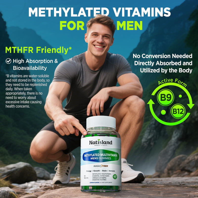 Methylated Multivitamin for Men Gummies, Men`s Multivitamins Gummies with Vitamin B Complex, A, C ,D3, E, K2, Calcium, Magnesium, Omega-3, Energy & Immune, Vegan, 50 Plus, Sugar Free, 60 Count
