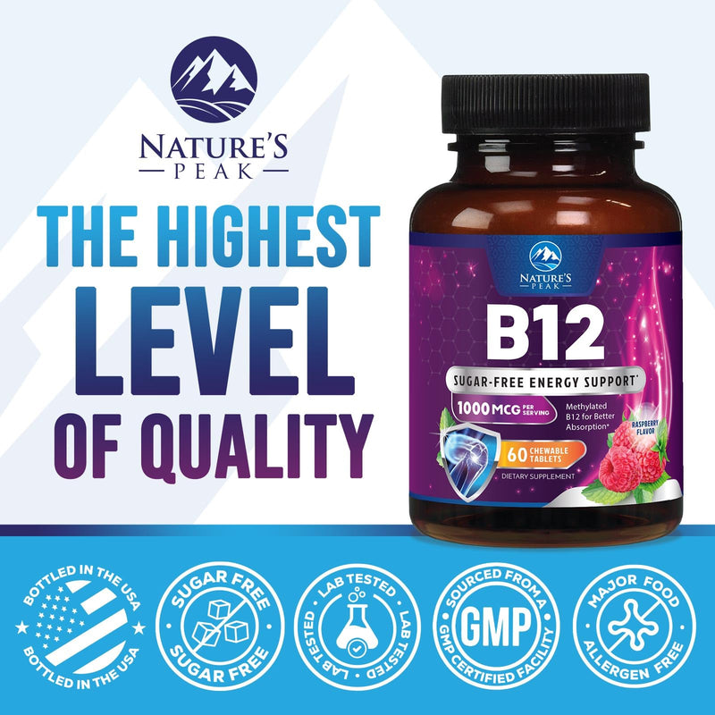 Vitamin B12 Complex (Methylcobalamin) 1000 mcg - 3X Strength B 12 Vitamins Supplement for Cellular Energy Metabolism, Nature's Nervous System Support, Bottled USA, Berry Flavor - 60 Chewable Tablets 60 Count (Pack of 1)