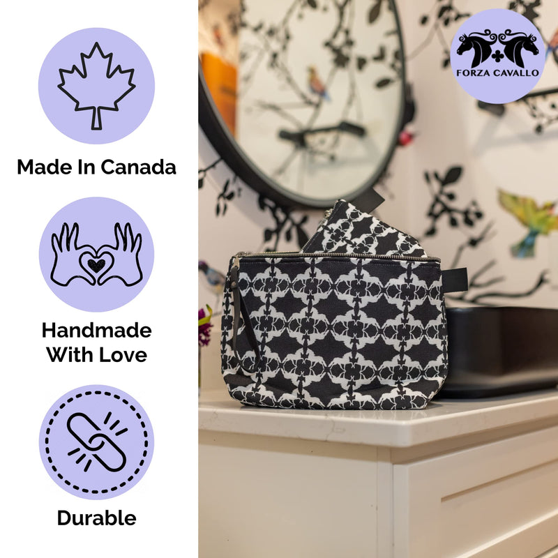Deluxe 10" Canvas Makeup and Toiletry Bag (Black, Mirror Horse) 10"