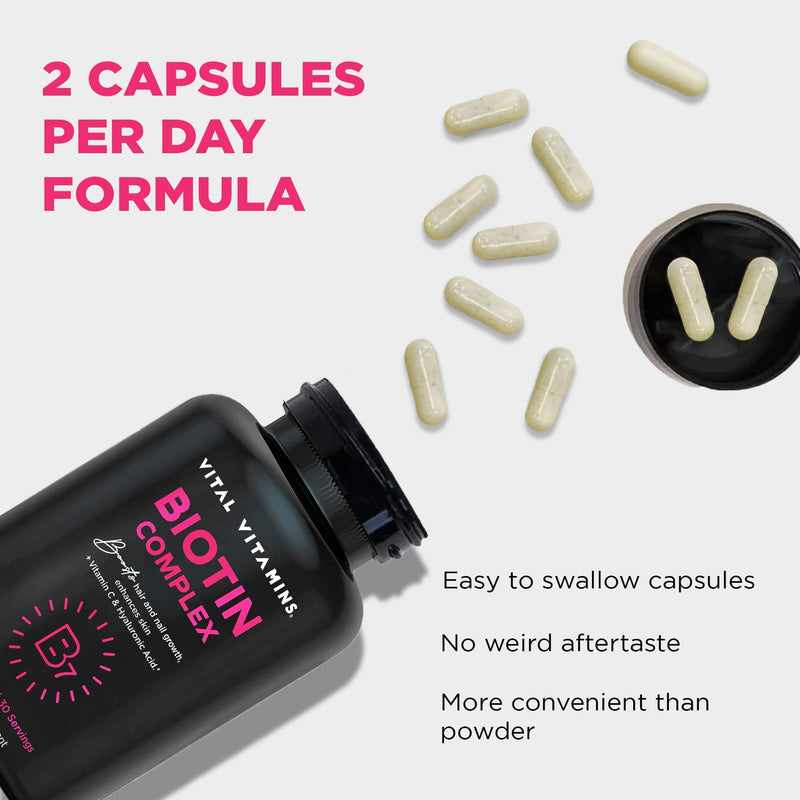 Vital Vitamins Biotin Complex with Collagen & Hyaluronic Acid | 5,000mcg Biotin, MSM & Vitamin C for Hair, Skin & Nails, Non-GMO, For Women & Men, 60 Capsules check 60 Count (Pack of 1)