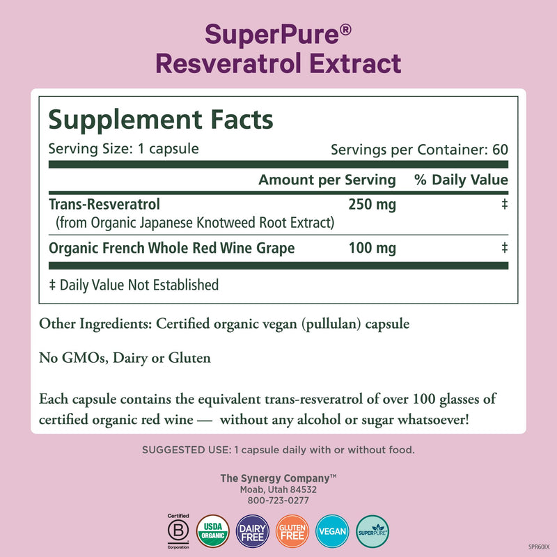 [Australia] - PURE SYNERGY SuperPure Resveratrol Extract | Organic Resveratrol Supplement | Antioxidant Trans-Resveratrol Extract with Grape Polyphenols | for Healthy Aging, Heart, and Skin Health (60 Capsules) 