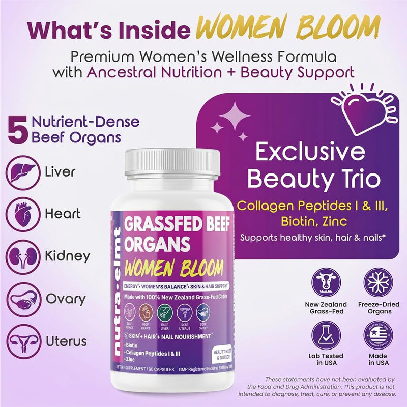 Beef Organ Supplement for Women – NZ Grass Fed | Biotin Collagen Zinc | Women’s 5-organ blend with Uterus & Ovary + Beauty Trio: Biotin, Collagen & Zinc. NZ Grass-Fed. Made in USA. 2 caps daily.