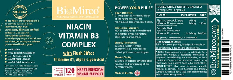 Niacin Supplements with Flush Effect, B3 Vitamin Supplement, Nicotinic Acid, B1 Thiamine, ALA, 120 Capsules, Cognitive Function, Cholesterol, Heart & Energy, 50mg Active Form (niacinamide alternative) Niacin B3 Complex 120 count (Pack of 1)