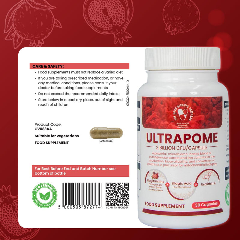 Ultrapome – Train Your Body to Produce Urolithin A Naturally. Gut Microbiome + Pomegranate Extract + Probiotics = Cellular Renewal & Mitochondrial Support. 30 Vegan Capsules