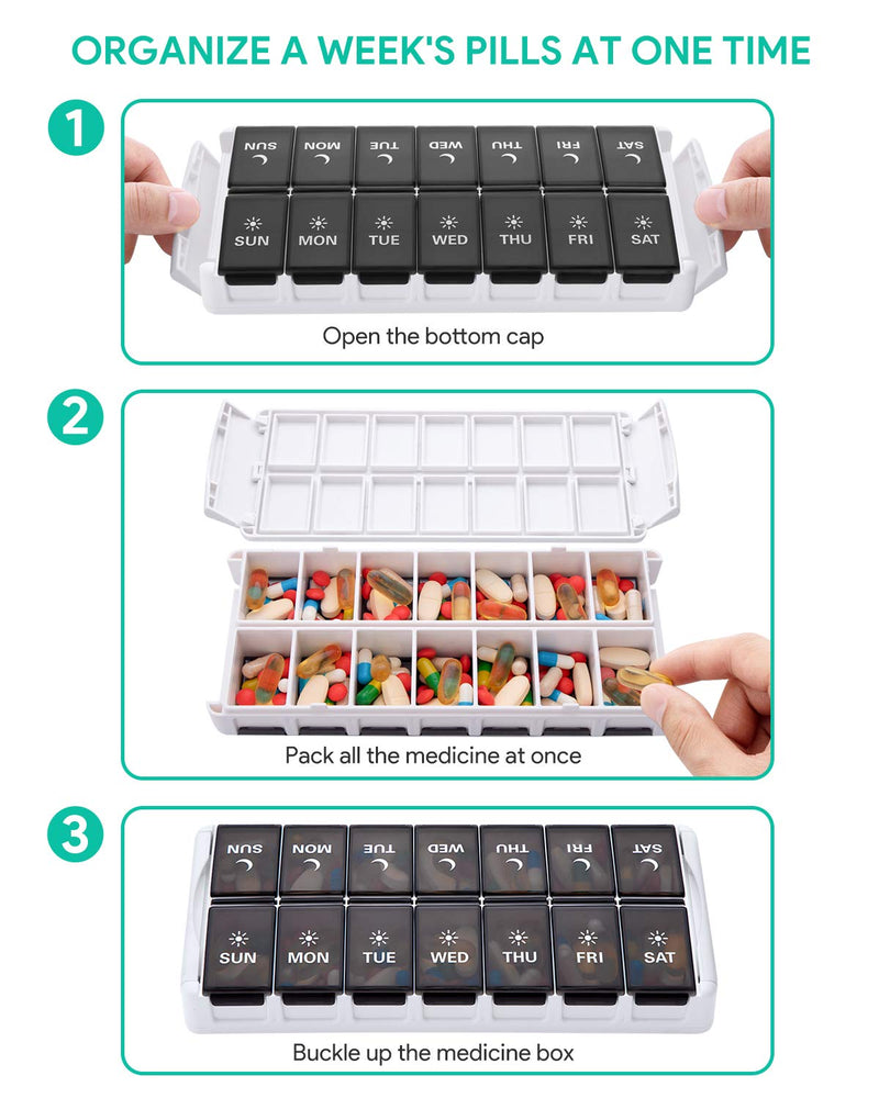 TookMag Weekly Pill Organizer 2 Times a Day, Easy Fill Medicine Pill Organizer AM PM Pill Case, Large Capacity 7 Day Pill Box for Pills/Vitamin/Fish Oil/Supplements (Patent Registered) Black