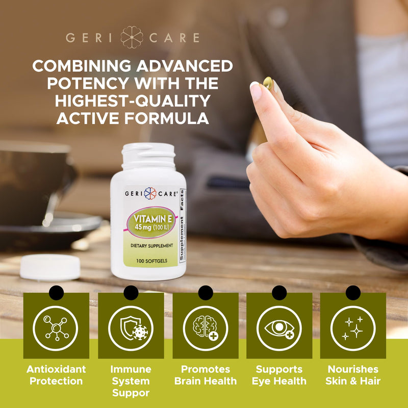 [Australia] - GeriCare High-Potency Vitamin E Capsules ‚Äì 100 IU for Skin & Immune Support, 45mg | 100 Count | Organic Vitamin E for Women and Men | Alternative to Nature Bounty & Solgar Vitamin E 100 Count (Pack of 1) Softgel - 45mg 