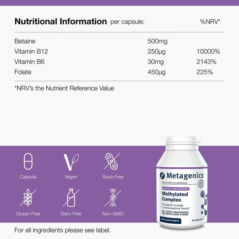 Metagenics Methylated Complex - for Homocysteine Metabolism & Energy - with Active B12, B6, Folate & Betaine - 90 Capsules
