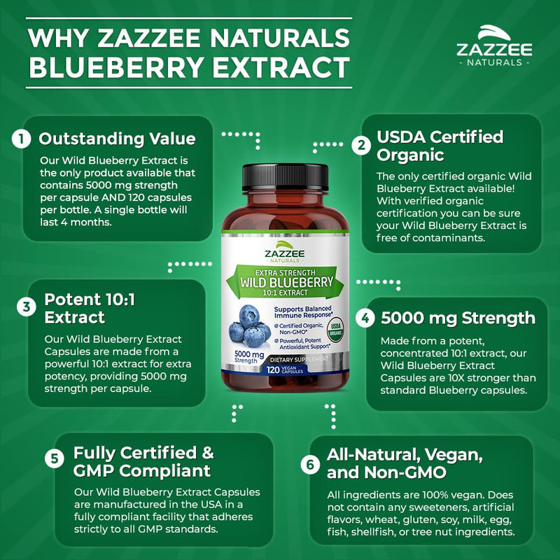 [Australia] - Zazzee USDA Organic Wild Blueberry 10:1 Extract, 5000 mg Strength, 120 Vegan Capsules, 4 Month Supply, Concentrated and Standardized 10X Whole Fruit Extract, 100% Vegetarian, All-Natural and Non-GMO 