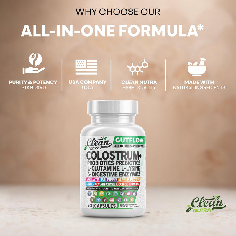 [Australia] - Clean Nutraceuticals Colostrum Supplement Capsules Probiotics Pills Prebiotics, L-Glutamine, Digestive Enzymes, Folate, Fiber, ACV, Turmeric, Apple Pectin and Turmeric Pills 