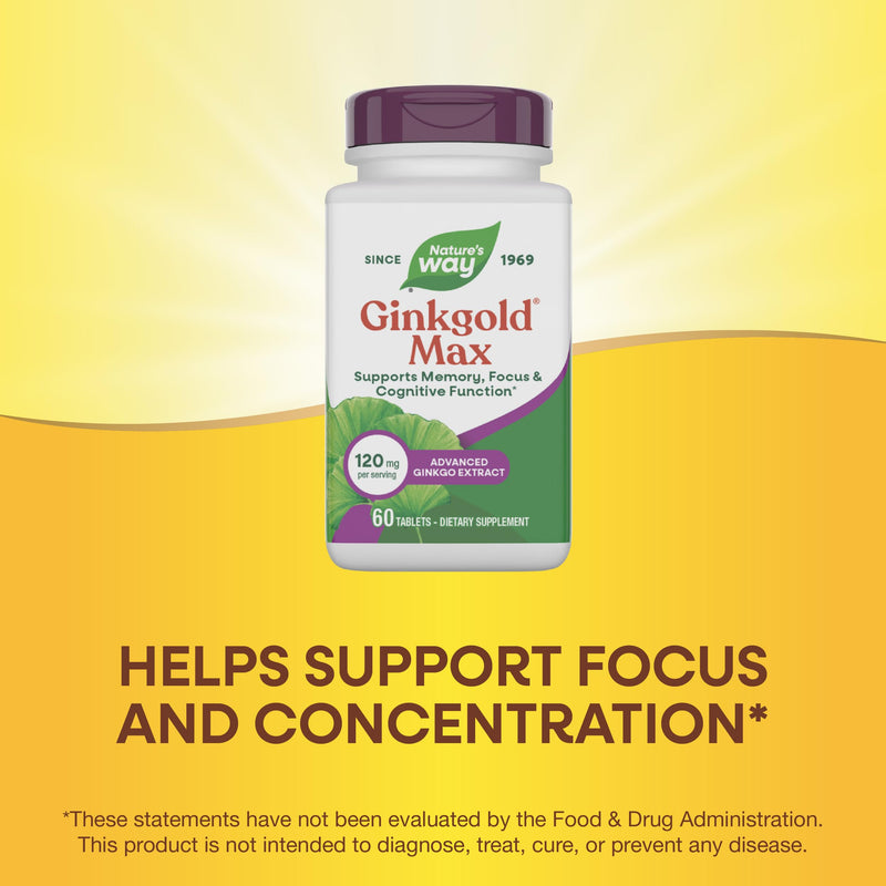 [Australia] - Nature's Way Ginkgold Max Advanced Ginkgo Extract, Supports Memory, Focus, and Concentration, and Cognitive Function*, Gluten free, Vegan, 60 Vegan Tablets (Packaging May Vary) 60 Count (Pack of 1) 