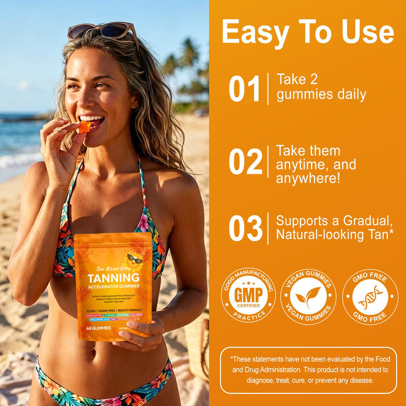 Tanning Gummies Accelerator - Sunless Tanning Supplement for a Natural Golden Glow, Sugar Free Melanin Booster with Astaxanthin, L-Tyrosine, Collagen & Vitamins for Women and Men