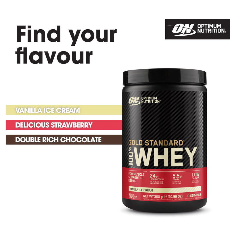 Optimum Nutrition 100% Gold Standard Whey Protein Powder, 24g Protein, Vanilla Ice Cream, BCAA, Low-Sugar, Fast‑Digesting Isolate for Muscle Gain & Recovery, 300g, 10 Servings