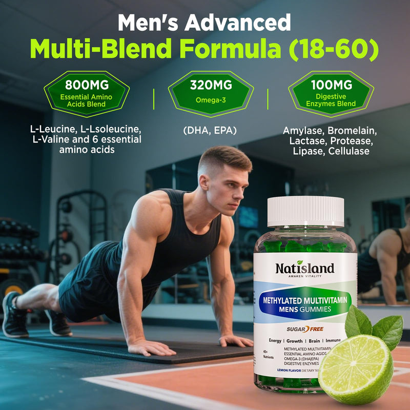 Methylated Multivitamin for Men Gummies, Men`s Multivitamins Gummies with Vitamin B Complex, A, C ,D3, E, K2, Calcium, Magnesium, Omega-3, Energy & Immune, Vegan, 50 Plus, Sugar Free, 60 Count
