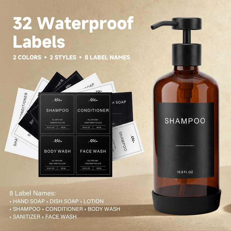 Prus Waso Shampoo and Conditioner Dispenser Set, Amber & Black | Soap Dispenser Shower, Empty Shampoo and Conditioner Bottles with Black Stainless Pumps and 32 Labels