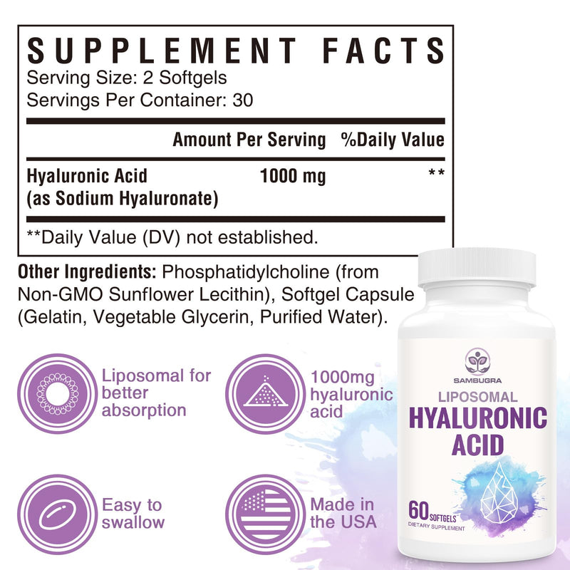 [Australia] - Liposomal Hyaluronic Acid 1000mg, High BioavailabilityHyaluronic Acid Capsules, Dietary Supplement Support Skin and Bones, 60 Capsules 60 Count (Pack of 1) 