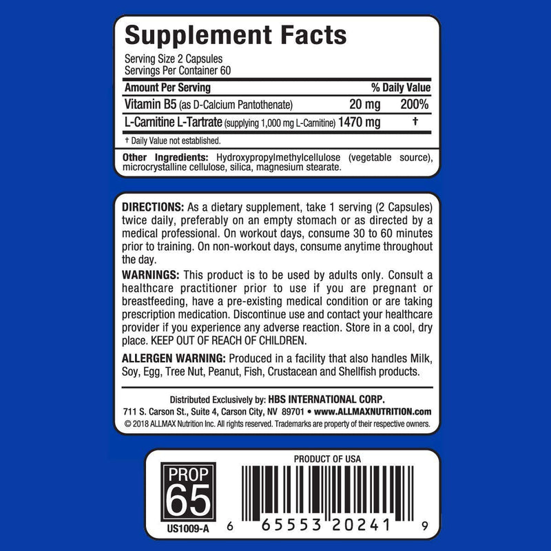 [Australia] - ALLMAX Nutrition L-Carnitine + Tartrate, 120 Capsules 