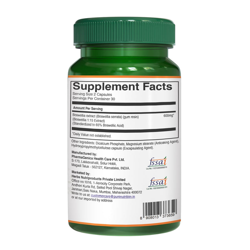 [Australia] - Pure Nutrition Boswellia Serrata Extract 600mg with 65% Boswellic Acids. (Equivalent to 9000mg Boswellia Powder) Non GMO | 60 Veg Caps. 60 Count (Pack of 1) 