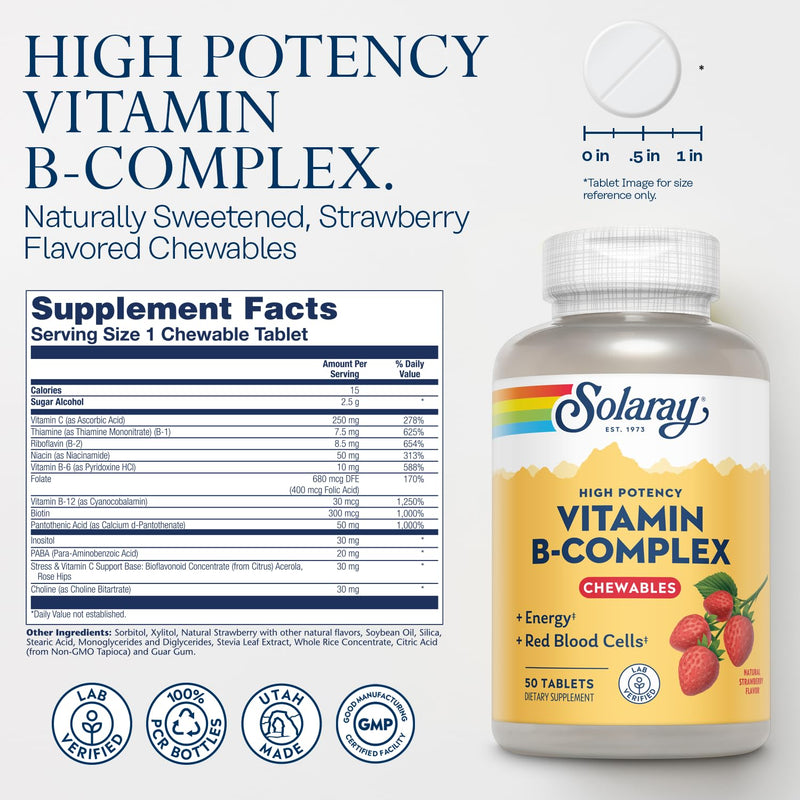 SOLARAY Vitamin B-Complex Chewables, Strawberry, Healthy Energy, Red Blood Cell, Stress & Metabolism Support, 50 Tablets (Pack of 2) 50 Count (Pack of 2)