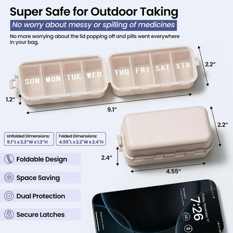 Foldable & Portable Weekly Pill Organizer, Week Daily 7 Day Travel Pill Box | 1 Time A Day, with 1 Extra Compartment, Double Lock, Large Medicines Case Holder Dispenser for Med, Vitamin, Supplement,Khaki Khaki