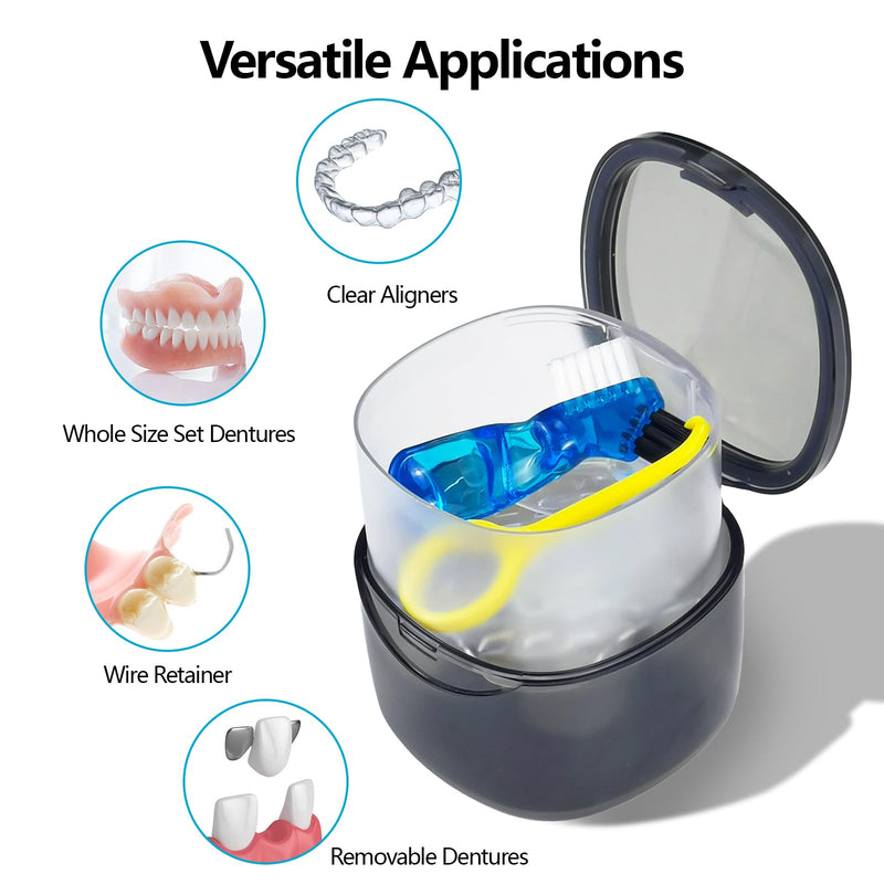 [Australia] - Denture Case Partial Denture Cups for Soaking Dentures, No-Leak Denture Soaking Container Retainer Cleaning Case with Brush for Household|Travel|Office - Transparent Black 