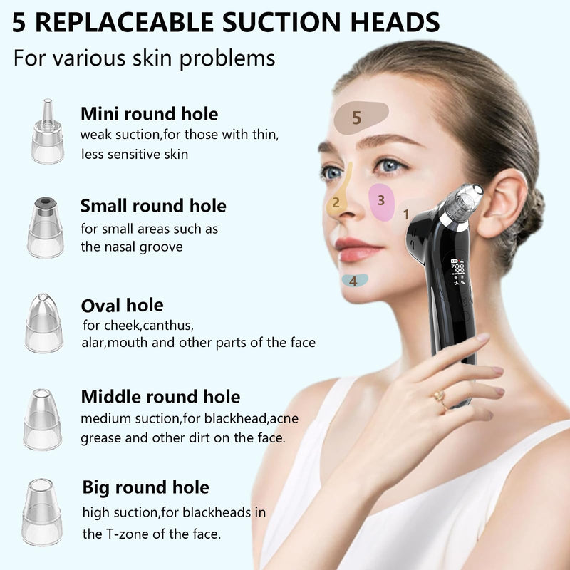 Blackhead Remover Vacuum Face Suction Pore Cleaner with Hot&Cold Compress Positive&Negative Ion Massage Nose Whitehead Remover Pimple Sucker with 5 Probes Pore Extractor Tool… (Black) Black