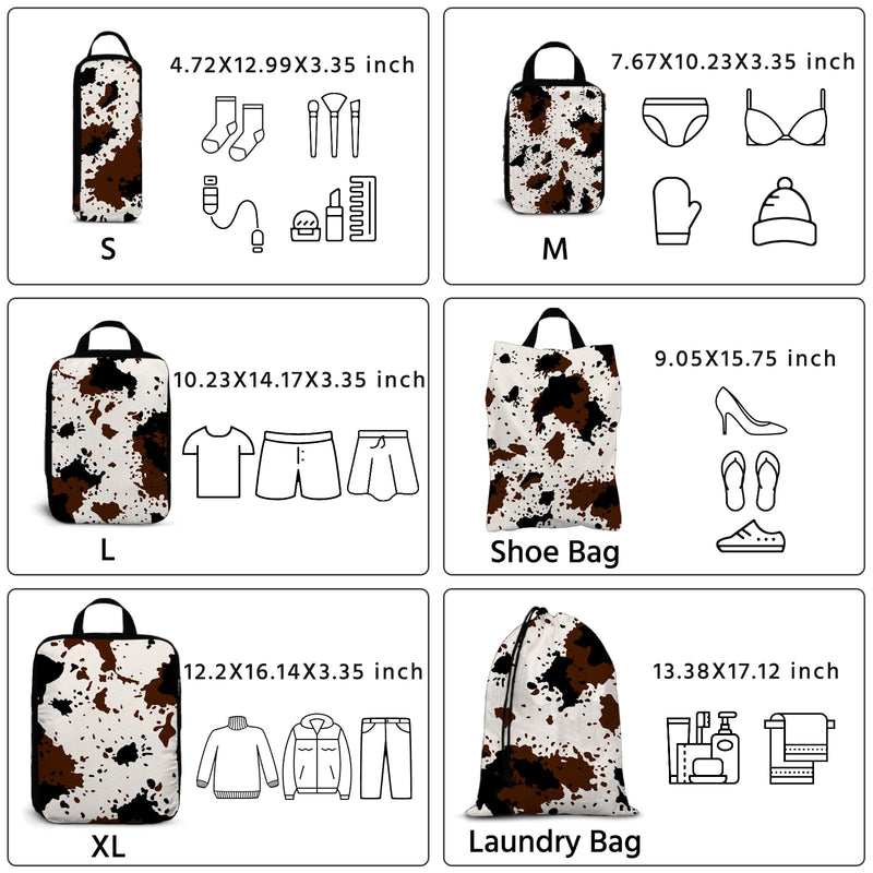 6 Pcs Compression Packing Cubes Waterproof Suitcase Travel Bag Luggage Backpack Organizer Travel Cubes for Packing-Cow Print Black-Cow Print