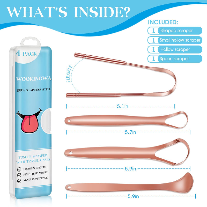 [Australia] - 4 Pack Tongue Scraper for Adults and Kids,100% Stainless Steel Tongue Scraper with Travel Case,Reduce Bad Breath,Easy to Use and Carry,Metal Tongue Scraper for Oral Care&Hygiene,Rose Gold Rose Gold 