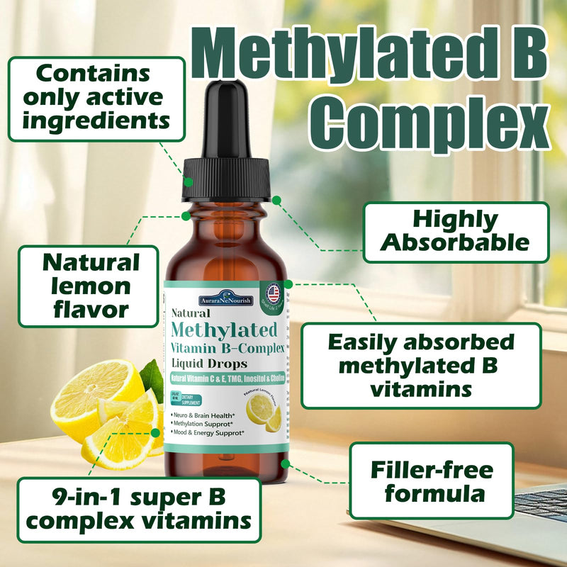 Methylated B Complex Liquid Drops, 9-in-1 Super B-Complex Methylated Multivitamin w. Methylfolate B12 TMG Inositol Vitamin C E, Methyl Vitamin B Complex for Men & Women | MTHFR Support | Energy & Mood Lemon 2 Fl Oz (Pack of 1)