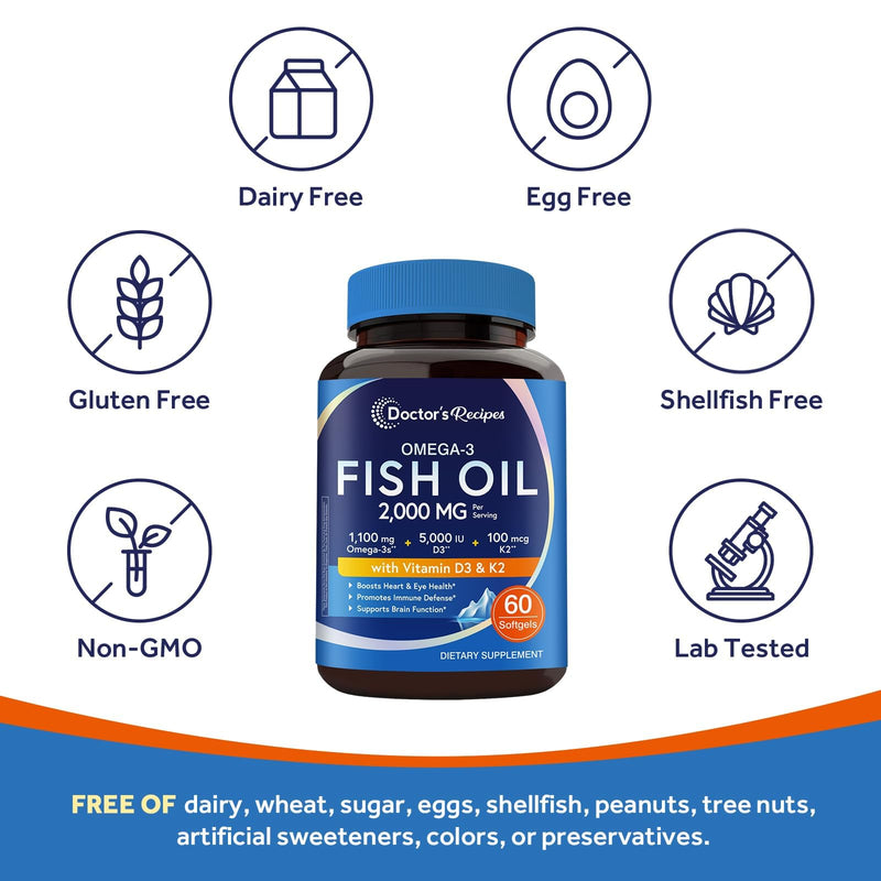 Doctor's Recipes Omega-3 Fish Oil with Vitamin D3 K2, 1100 mg Omega-3 Fatty Acids, D3 5000 iu & K2 100 mcg, for Healthy Heart Brain Eye Support, for Women and Men 60 Softgels