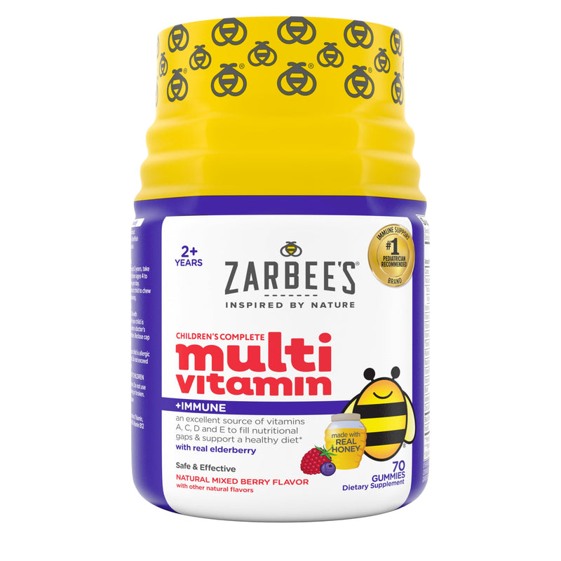 Zarbee's Complete Kids Multivitamin Gummies + Immune Support, Berry Flavor, Honey-Sweetened, Gluten-Free & Gelatin-Free, Vitamins A, C, D3, E, B6, B12, Folic Acid & B-Complex, 70 Count (Pack of 2) 70 Count (Pack of 2)