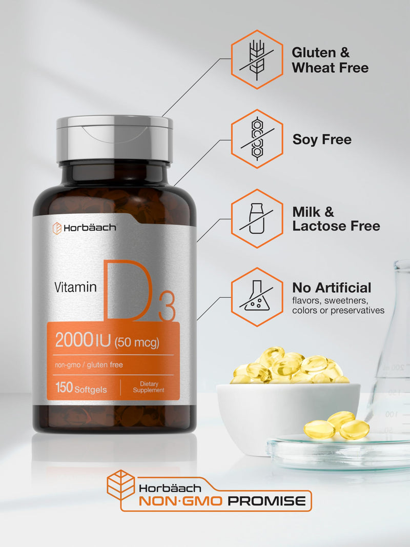 Horbaach Vitamin D3 2000IU Softgels | 150 Count | 50mcg Cholecalciferol | Non-GMO & Gluten Free Supplement
