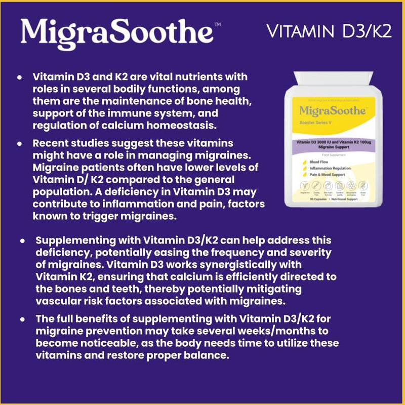 Booster Vitamin D3 Vitamin K2 MK7 Complex for migraine Relief 2-3 Months Supply (90) 90