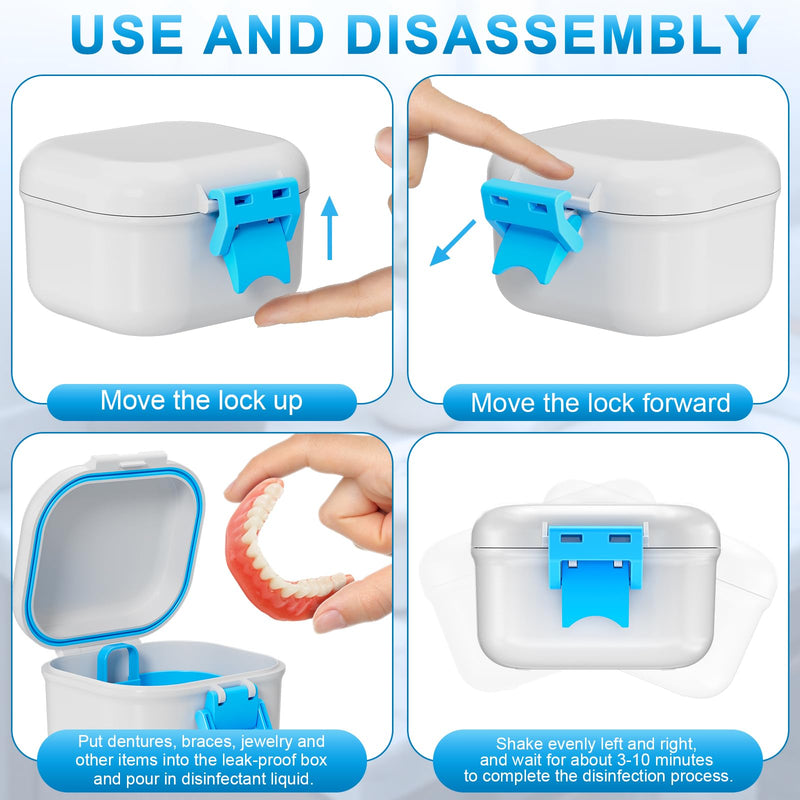 [Australia] - Leak Proof Denture Cup, Travel Denture Holder Case for Soaking Dentures, Portable False Teeth Container with Strainer, Retainer Cleaner Case, White + Blue. 