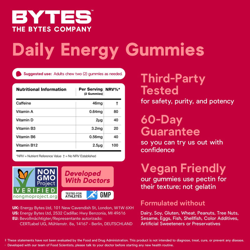 Energy Bytes Daily Energy Gummies – Fast Acting Caffeine Chews with Vitamins B3 B6 B12 A & D – Stay Focused and Energised Through Your Day – 60 Count