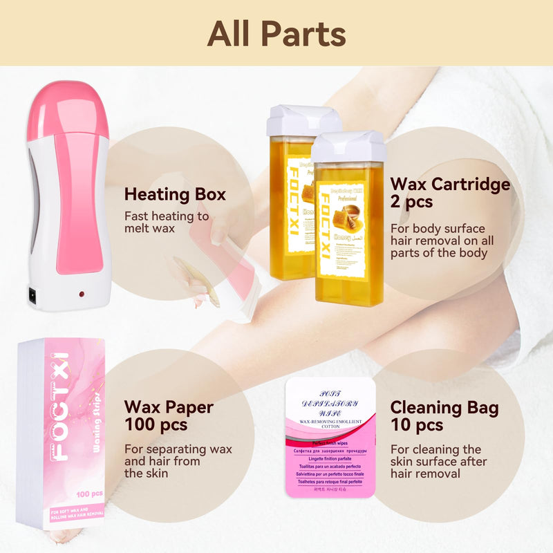 [Australia] - Hair Removal Kit for Hair Removal for Women and Men with Strip, Roll On Wax Kit with 2 Honey Soft Wax Cartridge & 100 Non-Woven Wax Strips, at Home Waxing Kit for Women, Soft, Yellow 