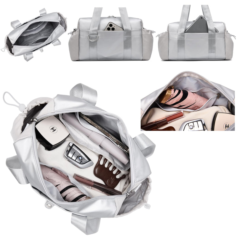 Everyday Mini Gym Bag for Women 2.0, Small Tote with Zipper Compartment Waterproof Travel Duffle Cute Handbag Workout Carry On with Removeable Shoulder Strap & Coin Wallet Easy to Clean-Silver Silver