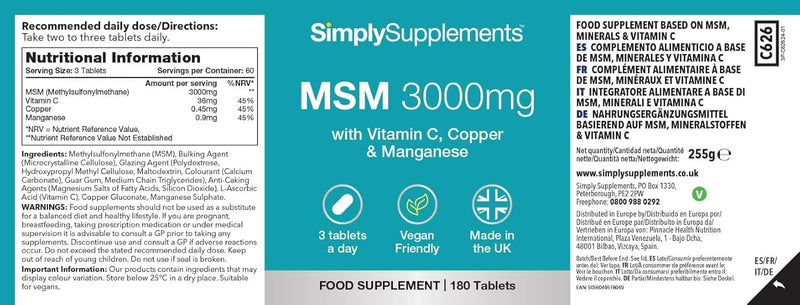 MSM 3,000mg | with Added Vitamin C | Supports Healthy Joints, Skin, and Immune Function | Vegan & Vegetarian Friendly | Made in The UK Unflavoured 2 count (Pack of 180)
