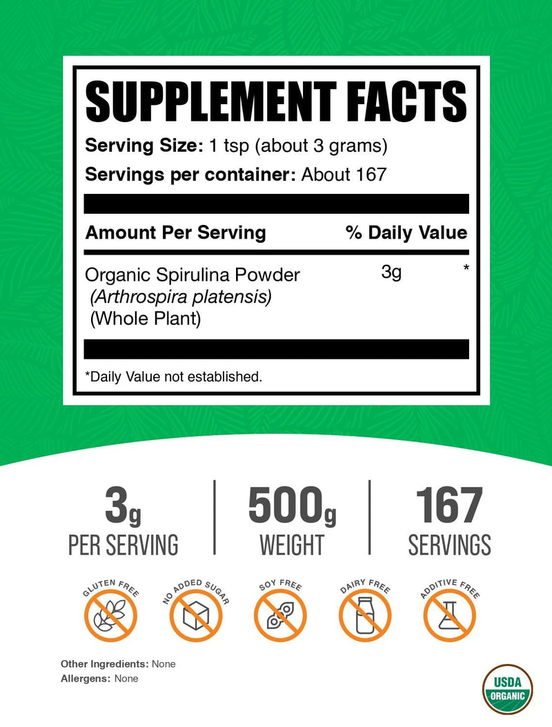 [Australia] - BulkSupplements.com Organic Spirulina Powder - Superfood, Green Spirulina Powder, Herbal Supplement - Vegan-Friendly, 3g per Serving, 500g (1.1 lbs) (Pack of 1) 500 Gram (17.6 Ounce) Powder 