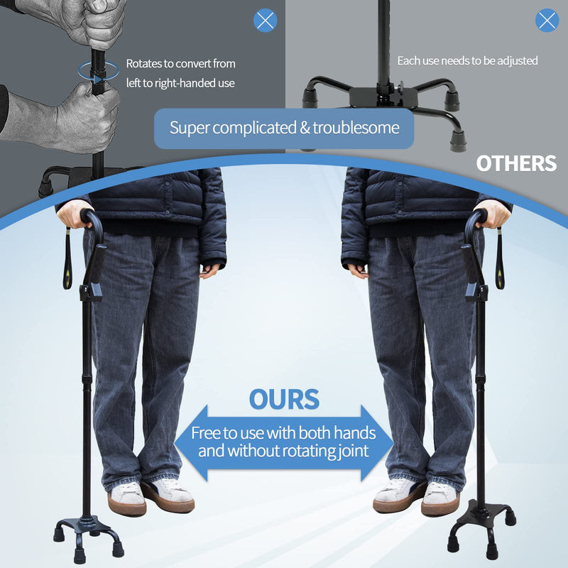 [Australia] - Adjustable Walking Cane for Men & Women with 4-Pronged Base for Extra Stability - Foldable Cane for Seniors with Foam Padded Offset Handle for Soft Grip & a Second Handle for Standing Black 