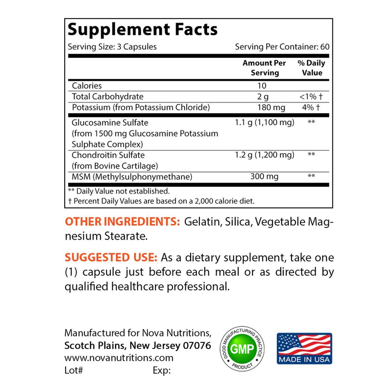 [Australia] - Nova Nutritions Triple Strength Glucosamine Chondroitin MSM 2600mg/Serving Capsules, Supports Healthy Joint, Cartilage and Connective Tissue - Promotes Joint Comfort & Flexibility 180 Count 