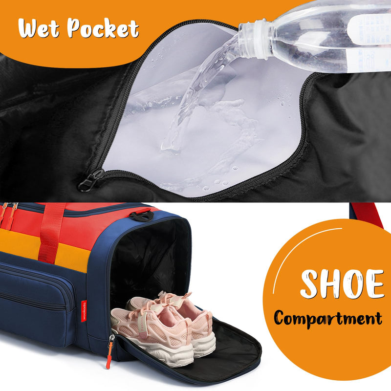 WOOMADA Kids Duffle Bag for Boys or Girls,Weekender Overnight Bag with Shoe Compartment & Wet Pocket Perfect For School, Sports, Overnight Trips(Red Blue) Red Blue