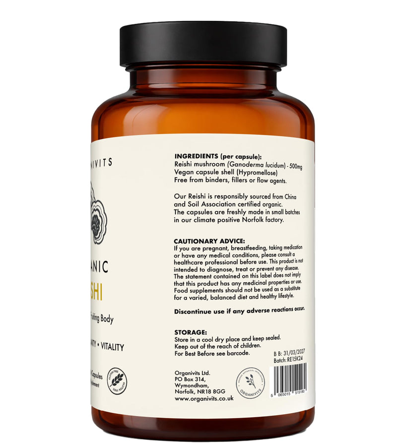 Organic Reishi Mushroom Capsules 500mg | 100% Pure Fruiting Body Ganoderma Lucidum | Adaptogenic Calm & Immune Support | Vegan Capsules | Soil Association Certified | No Mycelium or Fillers